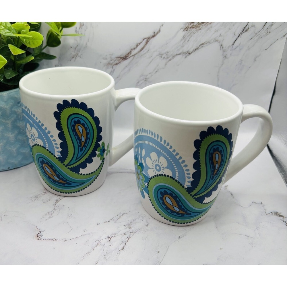Royal Norfolk Set of 2 Paisley Coffee Mugs Cups Stoneware Blue Green White 12oz
